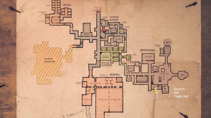 Amnesia: Capture d'écran de la revue du bunker montrant la carte du bunker, avec une variété de pièces et de hubs reliés par des couloirs et des tunnels.