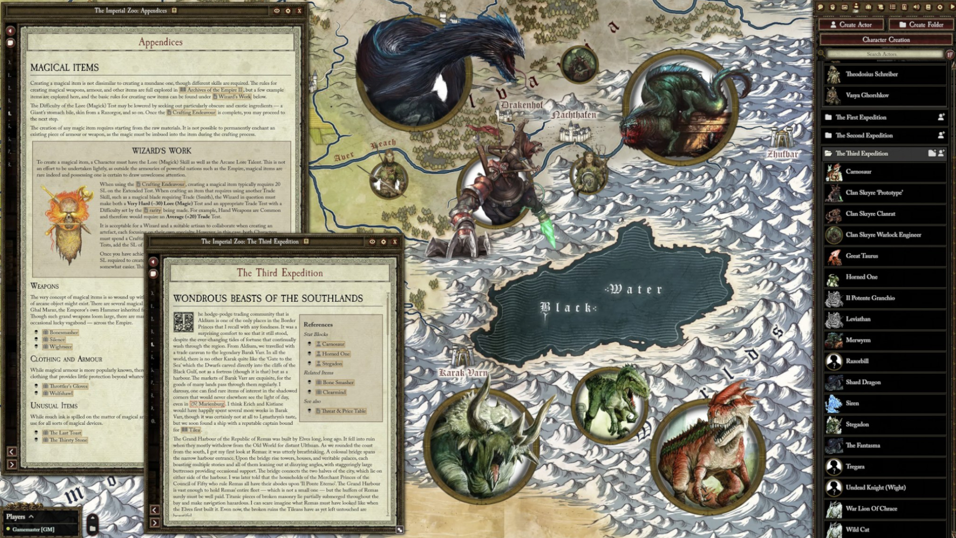 Icônes, carte et zones de texte d'une version numérique de Warhammer Fantasy Roleplay