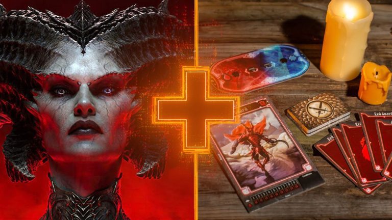 Lillith from Diablo 4 alongside cards and components for Gloomhaven: Jaws of the Lion, with a GamesRadar+ cross in the middle