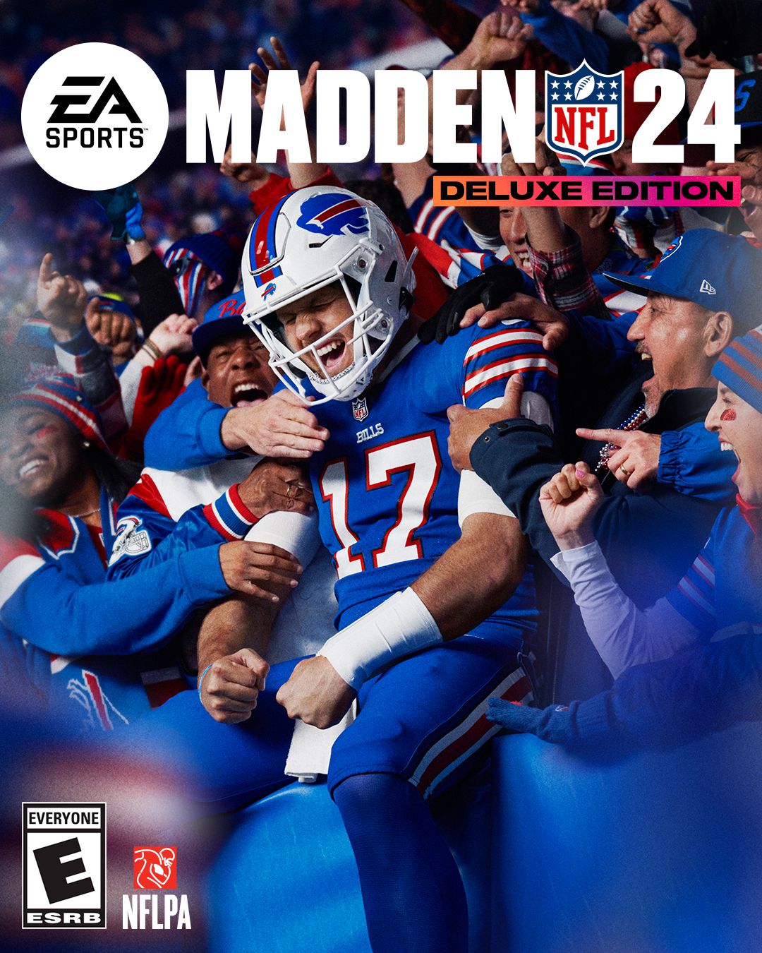 La couverture de l'édition de luxe de Madden NFL 24 ;  Josh Allen des Buffalo Bills célèbre avec les fans dans les gradins