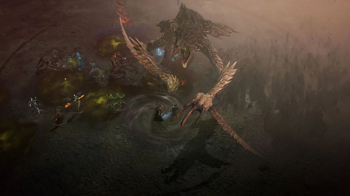 Un barbare, un nécromancien, un sorcier et un voleur attaquent un boss de donjon reptilien dans Diablo 4