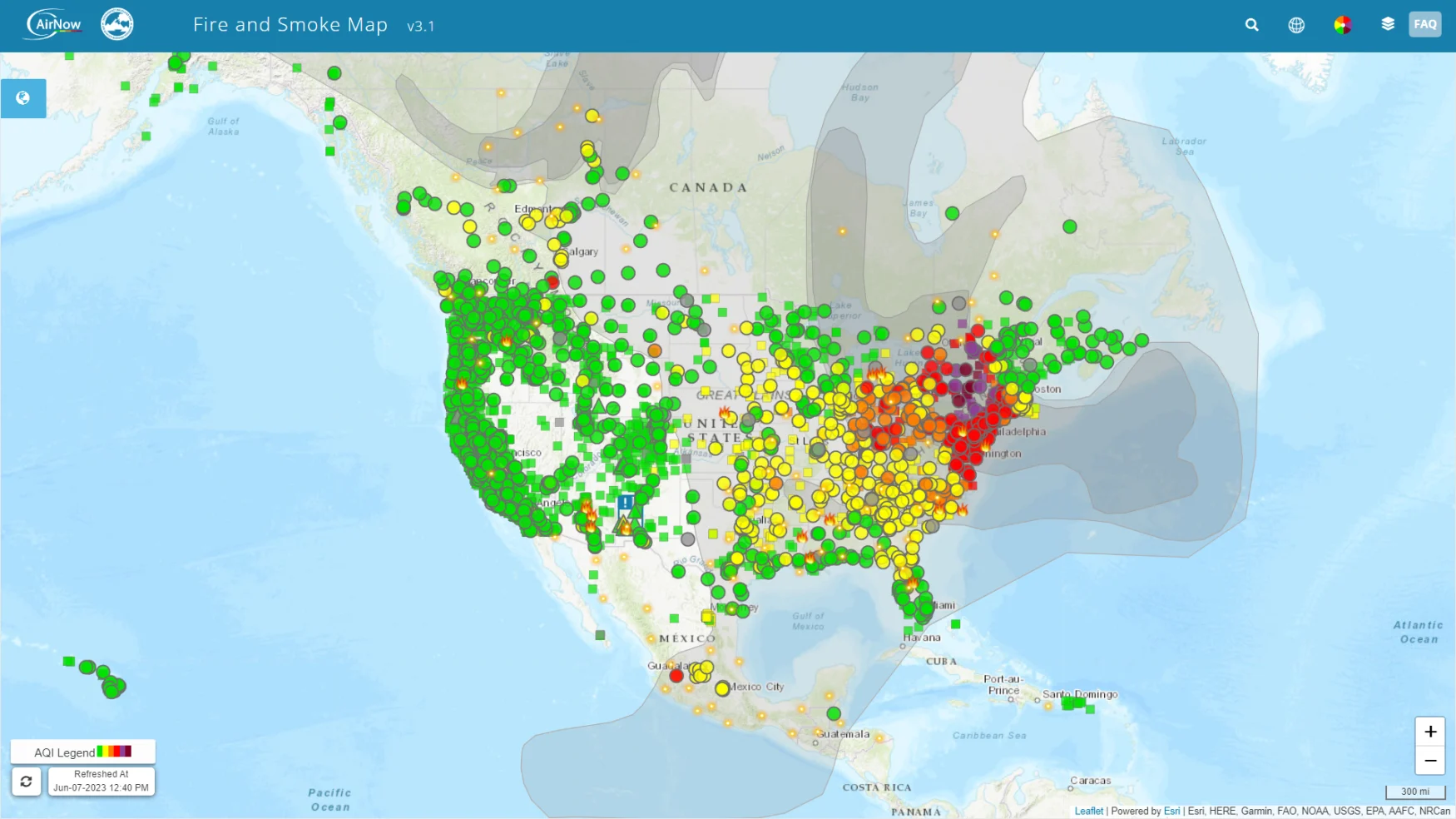 Une capture d'écran de la carte AirNow Fire and Smoke de l'EPA.