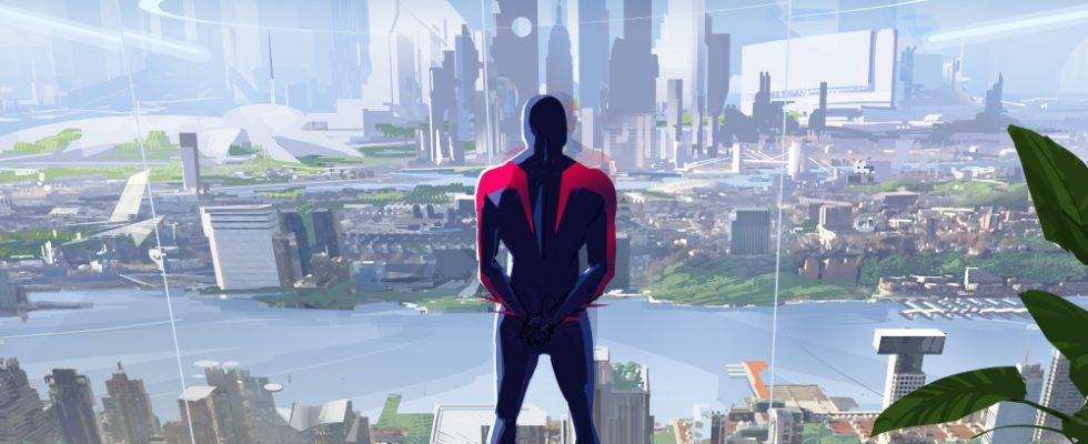 A visual development image with Miguel O’Hara/Spider-Man 2099 overlooking Nueva York on Earth 928 for Columbia Pictures and Sony Pictures Animations’ SPIDER-MAN™: ACROSS THE SPIDER-VERSE. Credit: Patrick O'Keefe, Production Designer