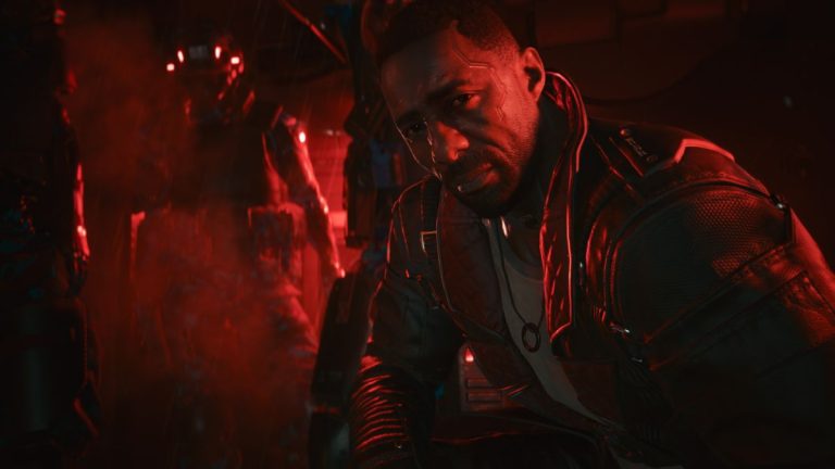 Idris Elba as Solomon Reed in Cyberpunk 2077: Phantom Liberty on a dark background