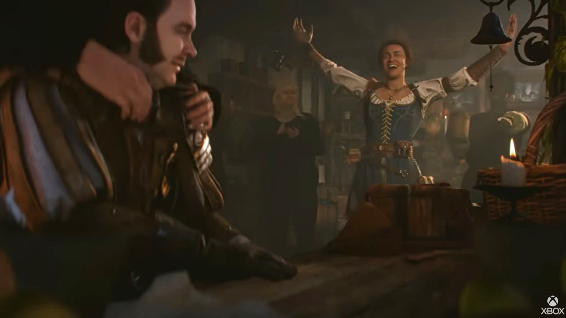 Capture d'écran de Fable 4 - le héros à la taverne buvant de la bière et applaudissant