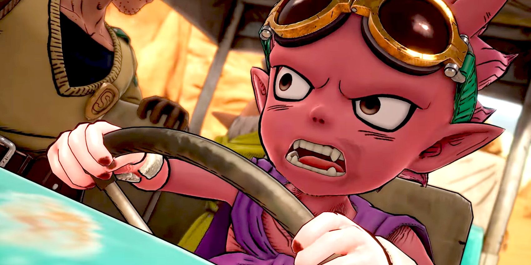 Beelzebub from Sand Land driving a vehicle with an intense expression.