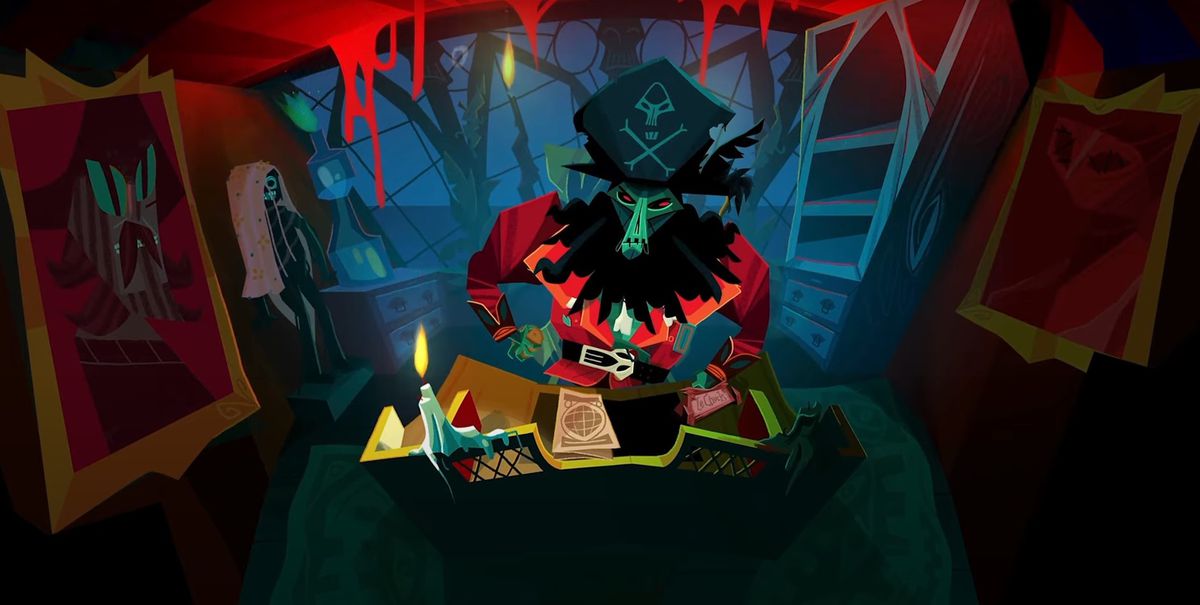 LeChuck de Return to Monkey Island lisant une carte.  Il est habillé comme un pirate et vous pouvez voir son bureau éclairé par une bougie pendant qu'il écrit.