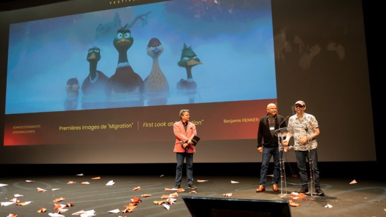 Chris Meledandri, Benjamin Renner, and Marcel Jean present 'Migration' in Annecy.