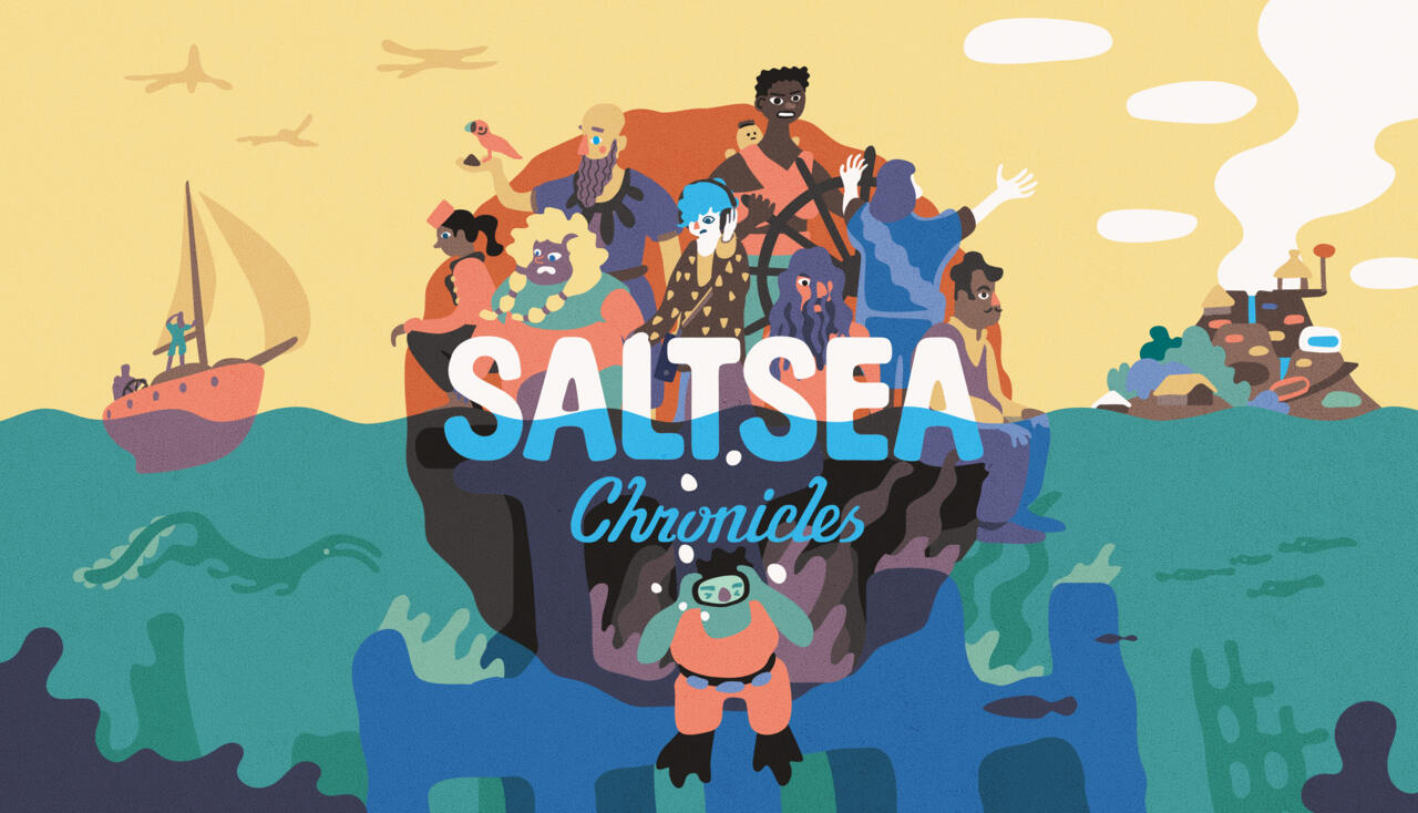 L'équipe de Saltsea Chronicles se tient derrière le logo du jeu.