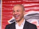 Jarome Iginla réagit lors d'un déjeuner et d'une conférence de presse à Calgary au Saddledome le vendredi 1er mars 2019.