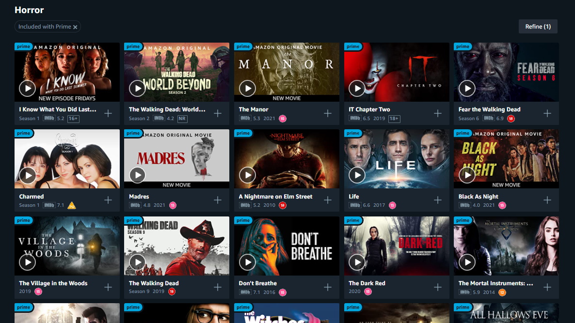 Menu Amazon Prime Video montrant des films et des émissions d'horreur