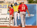 Le joueur de deuxième but des Canaries de Sioux Falls, Trevor Achenbach, célèbre un doublé de deuxième manche lors du match de l'Association américaine de mardi contre les Goldeyes de Winnipeg.  Winnipeg a gagné le match 6-2.