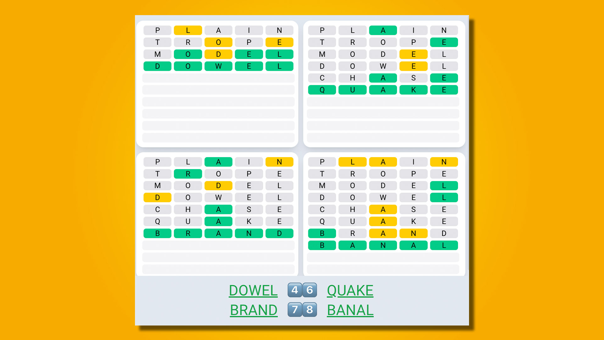 Quordle Daily Sequence répond au jeu 510 sur fond jaune