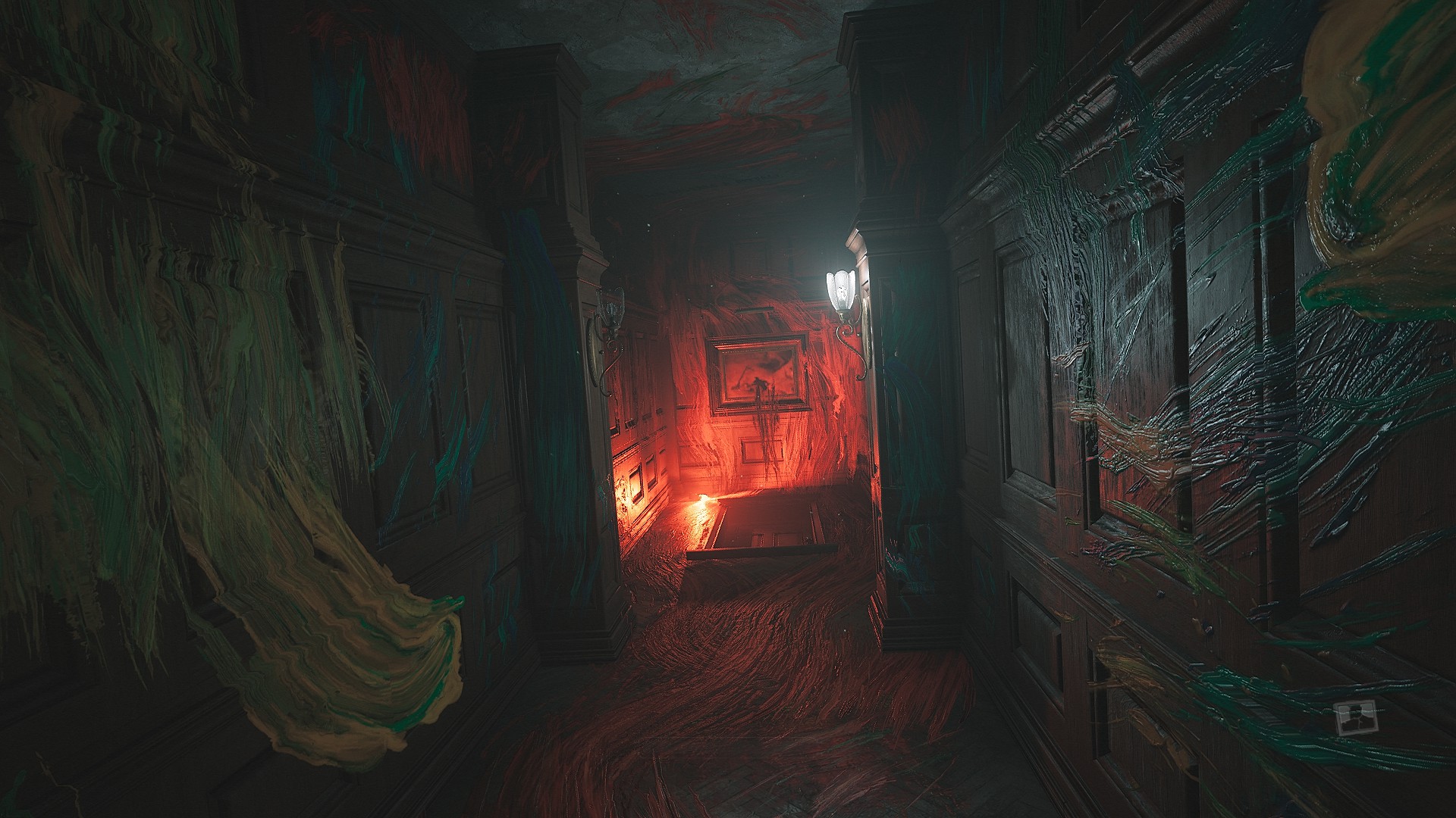 Un couloir cauchemardesque strié de peinture dans Layers of Fear.