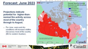 Projections des risques de feux de forêt au Canada pour juin 2023.