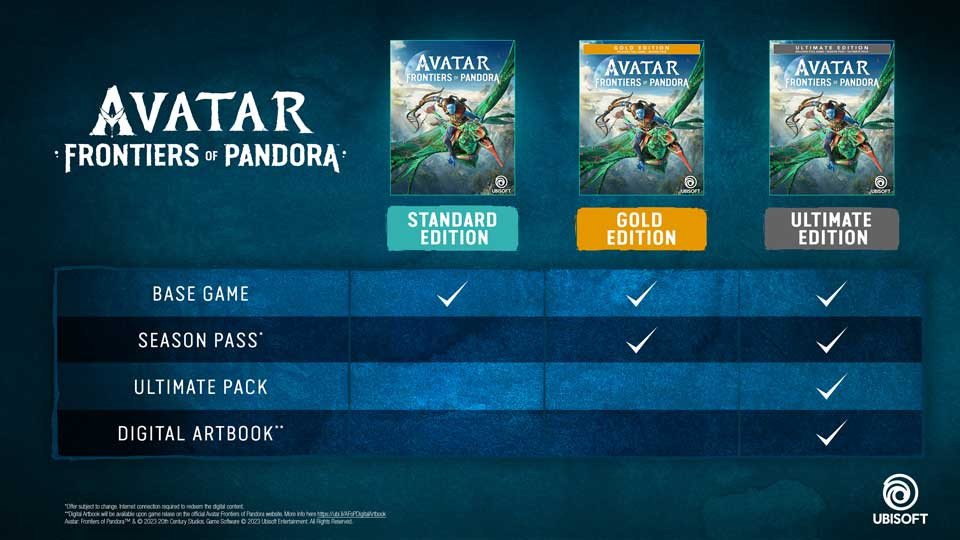 Un tableau montrant ce qui est inclus avec les éditions standard, or et ultime d'Avatar : Frontiers of Pandora