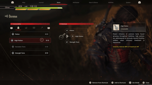 Regarder une potion dans le menu des éléments de Final Fantasy XVI