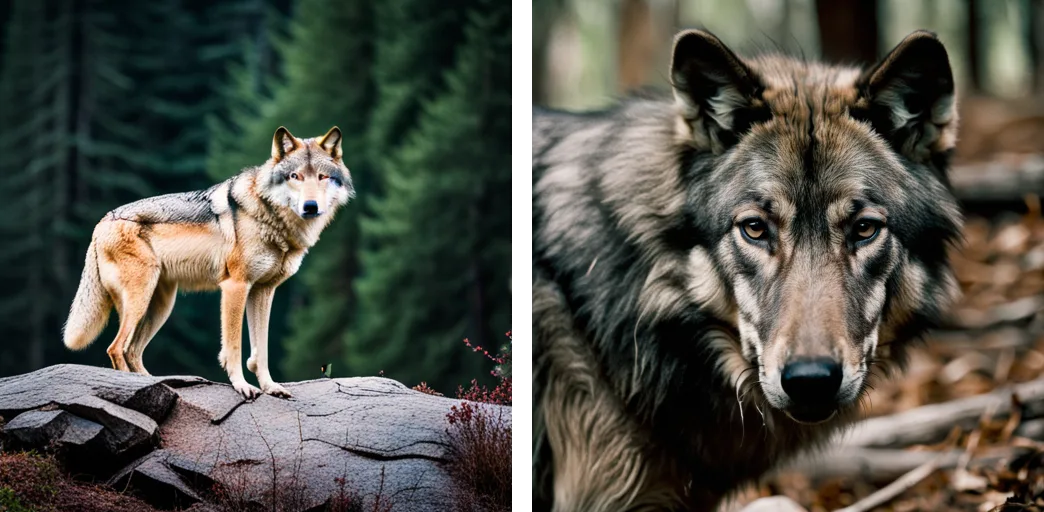 Exemples d'images en écran partagé d'une photo d'un loup générée par l'IA