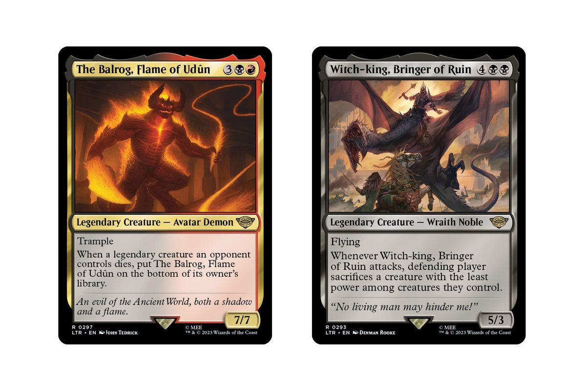 Une image montrant les cartes Balrog, Flame of Udun et Witch-king, Bringer of Ruin côte à côte.  Ces cartes Magic: the Gathering sont issues de l'ensemble Contes de la Terre du Milieu.