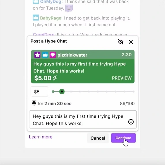 Un exemple de la nouvelle fonctionnalité Hype Chat de Twitch.