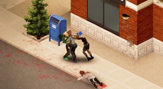 Project Zomboid - A player on a city sidewalk is attacked by two zombies.