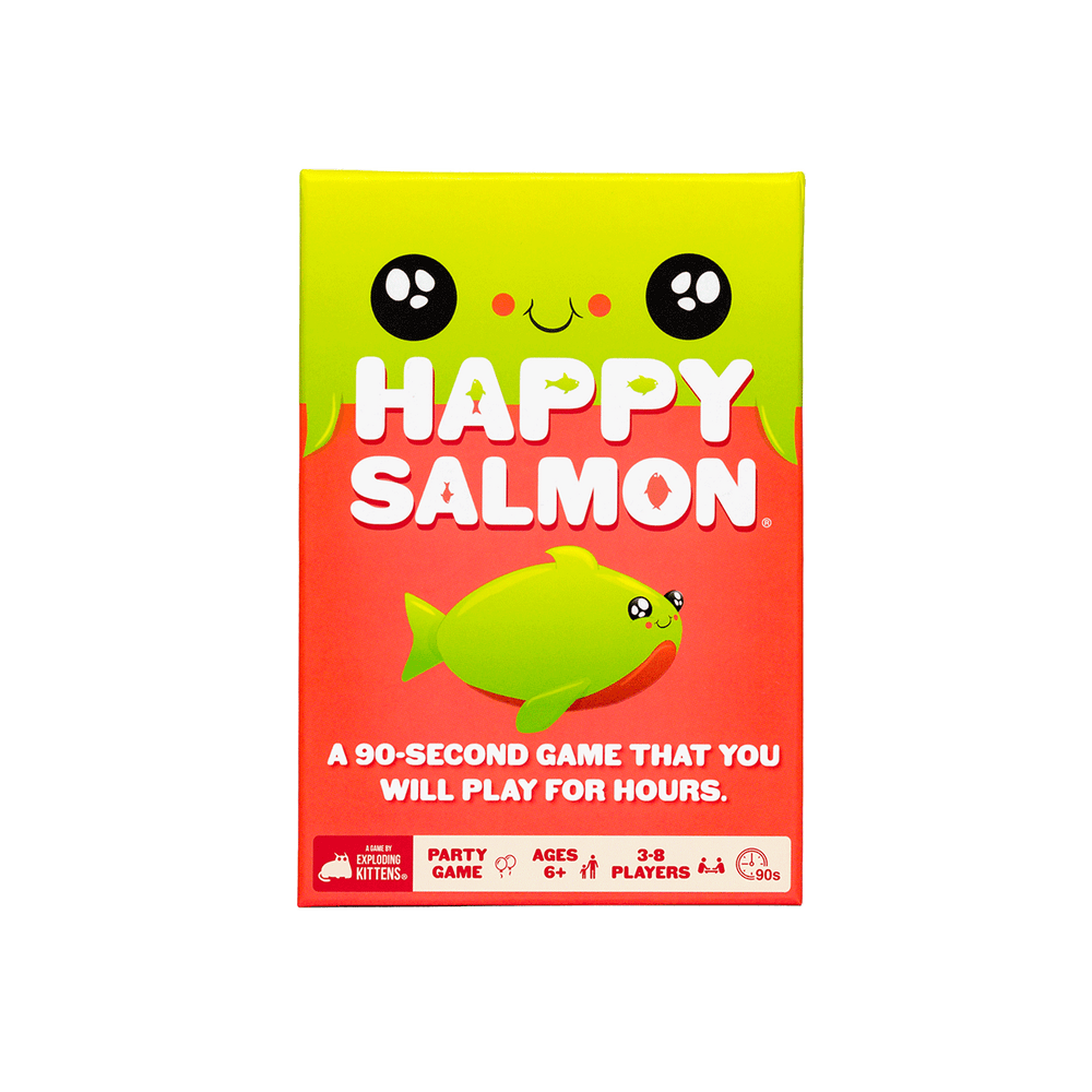 La boîte pour Happy Salmon, qui est verte et rouge avec un saumon heureux dessus.  Il dit que c'est 