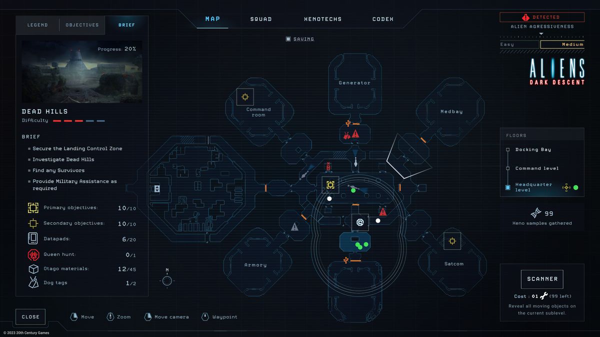 Un écran de sélection de mission d'Aliens: Dark Descent.  Une légende sur le côté gauche montre les objectifs, les datapads et les options de mission comme 