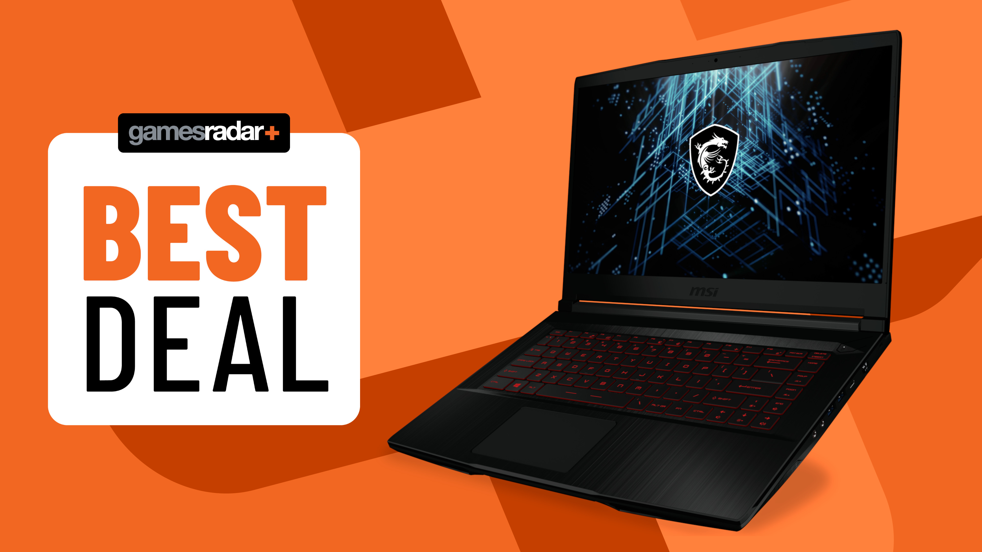 Ordinateur portable de jeu MSI GF63 sur fond orange avec badge deal