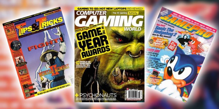 three old gamign magazine covers, Gamepro, tips & tricks, and computer gaming world