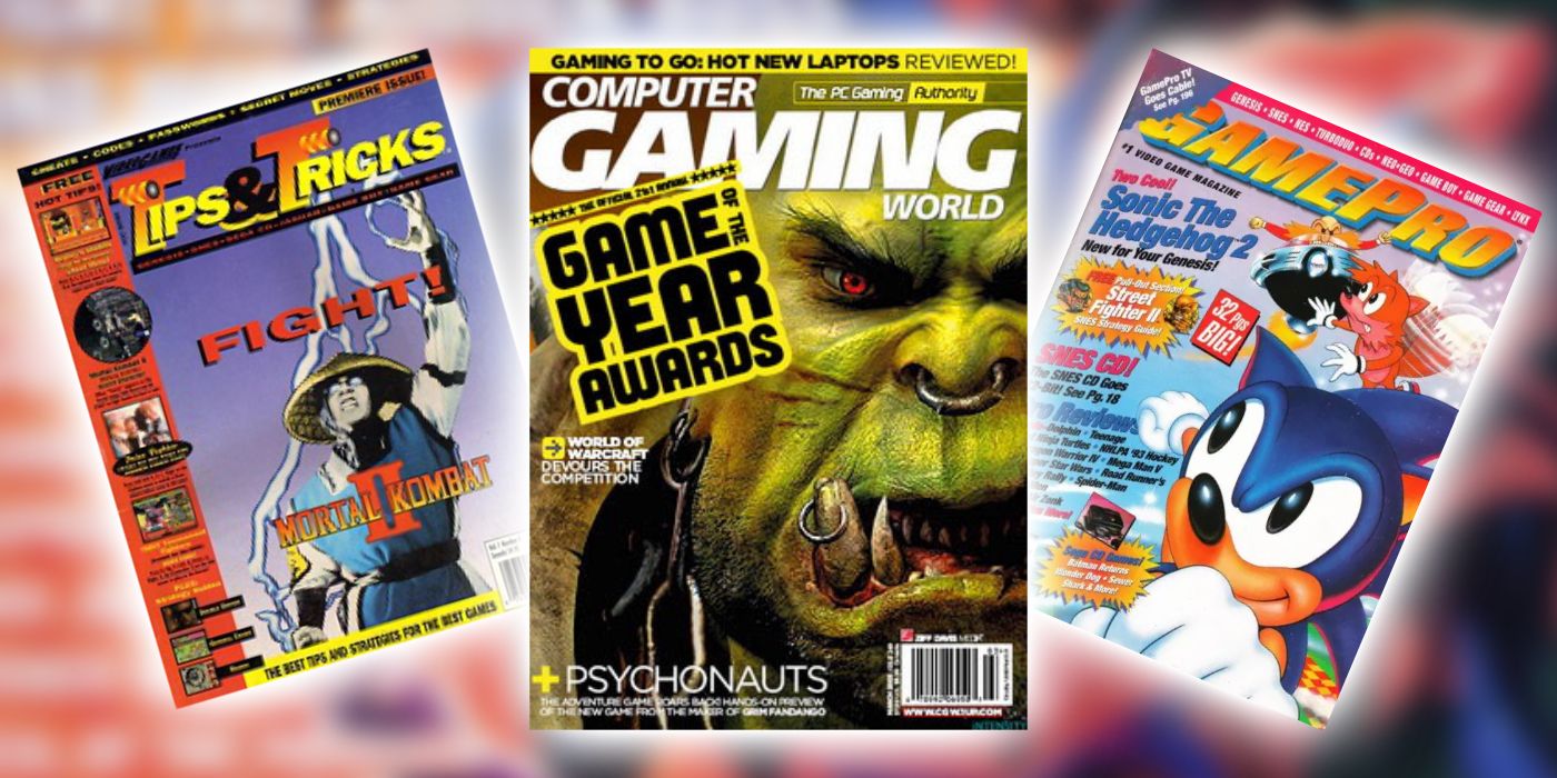 three old gamign magazine covers, Gamepro, tips & tricks, and computer gaming world