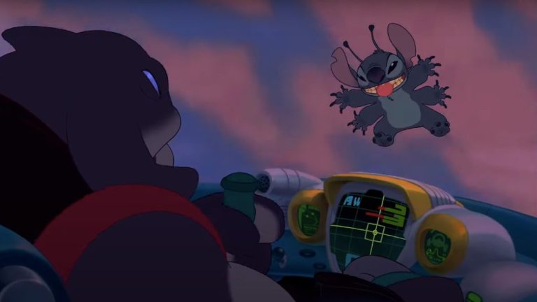 Stitch taunts Gantu on the windshield in Lilo and Stitch.