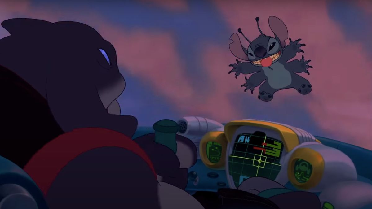 Stitch taunts Gantu on the windshield in Lilo and Stitch.