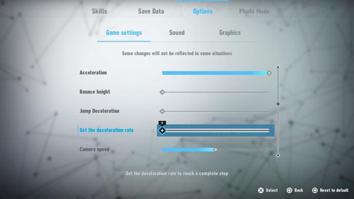 Menu des options de décélération de Sonic Frontiers