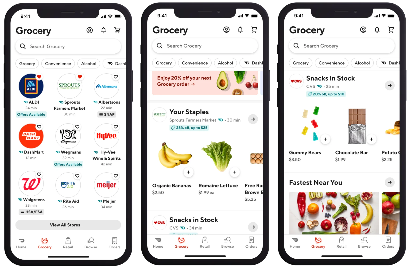 Captures d'écran de l'onglet épicerie dans l'application DoorDash mise à jour, montrant aux utilisateurs comment ils peuvent commander des articles d'épicerie.