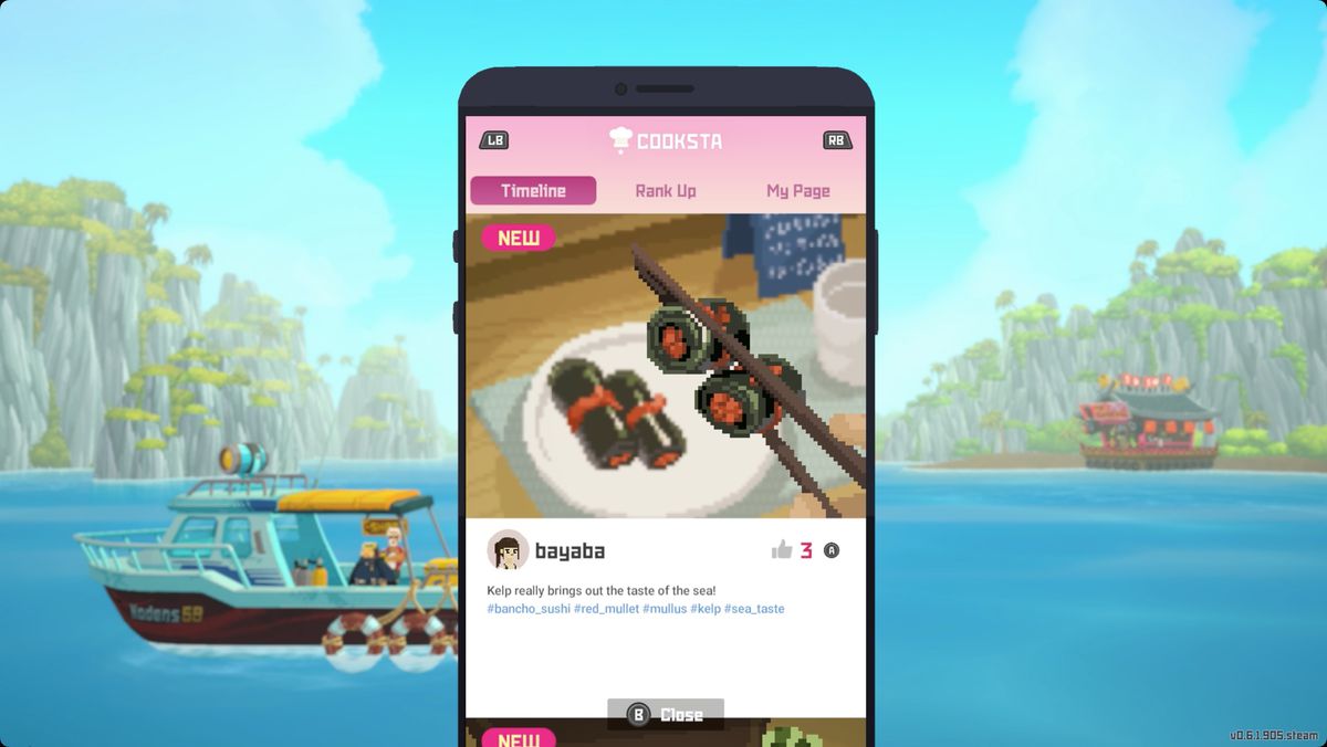 Cooksta, l'application pour téléphone mobile de type Instagram de Dave the Diver, avec un article sur les sushis