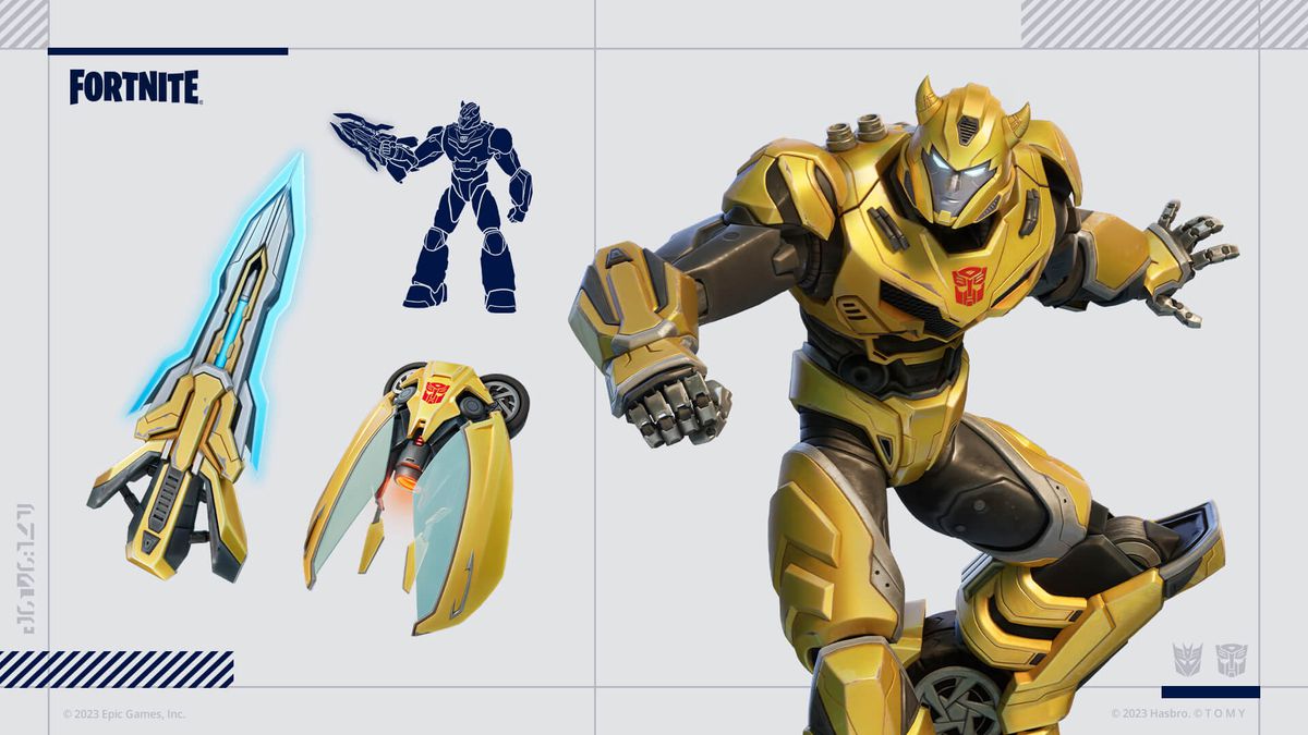 L'illustration montre la tenue Bumblebee et le dos bling et la pioche de Fortnite