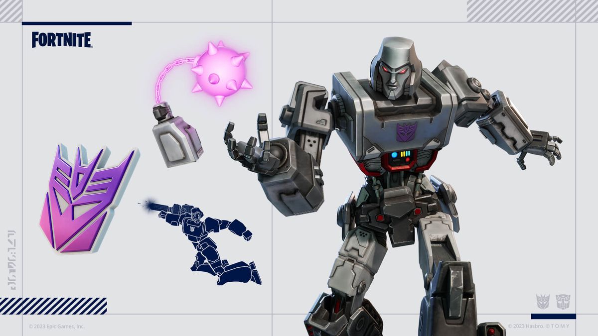 L'illustration montre la tenue Megatron et le dos bling et la pioche de Fortnite