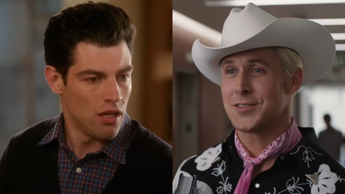 From left to right: Schmidt in New Girl looking distraught and Ryan Gosling as Ken in a cowboy hat.