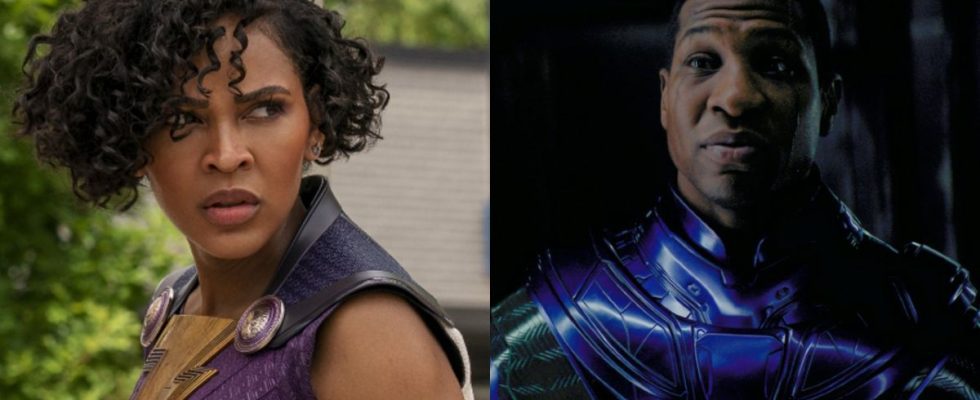 Meagan Good in Shazam! Fury of the Gods and Jonathan Majors in Ant-Man and the Wasp: Quantummania.