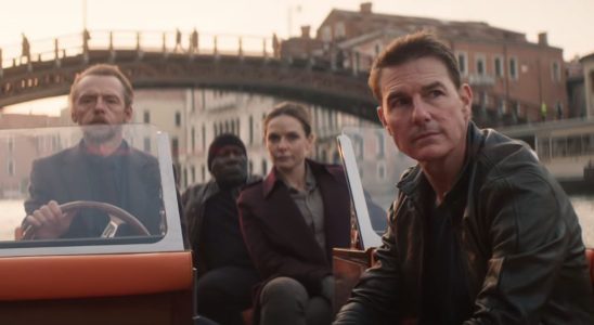 Simon Pegg, Ving Rhames, Rebecca Ferguson, and Tom Cruise sailing on a boat in Mission Impossible Dead Reckoning Part One.