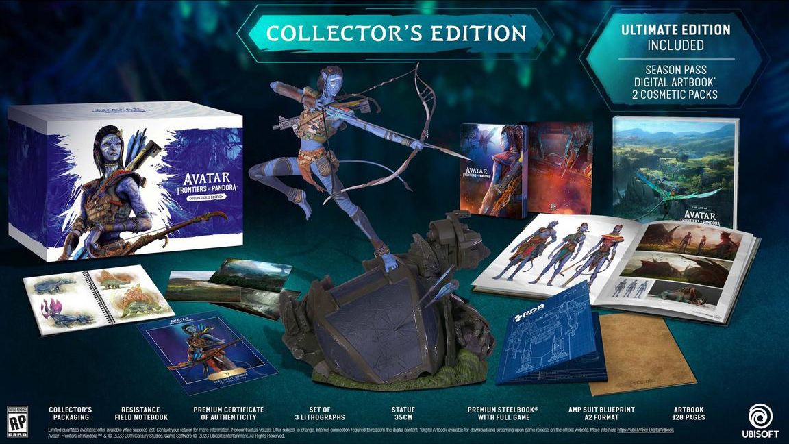 Une image de stock de tous les objets bonus physiques inclus dans l'édition collector d'Avatar : Frontiers of Pandora.