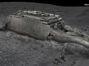 Dans cette capture d'écran tirée d'un scan numérique publié par Atlantic/Magellan le jeudi 18 mai 2023, une vue de la proue du Titanic dans l'océan Atlantique créée à l'aide de la cartographie des grands fonds.