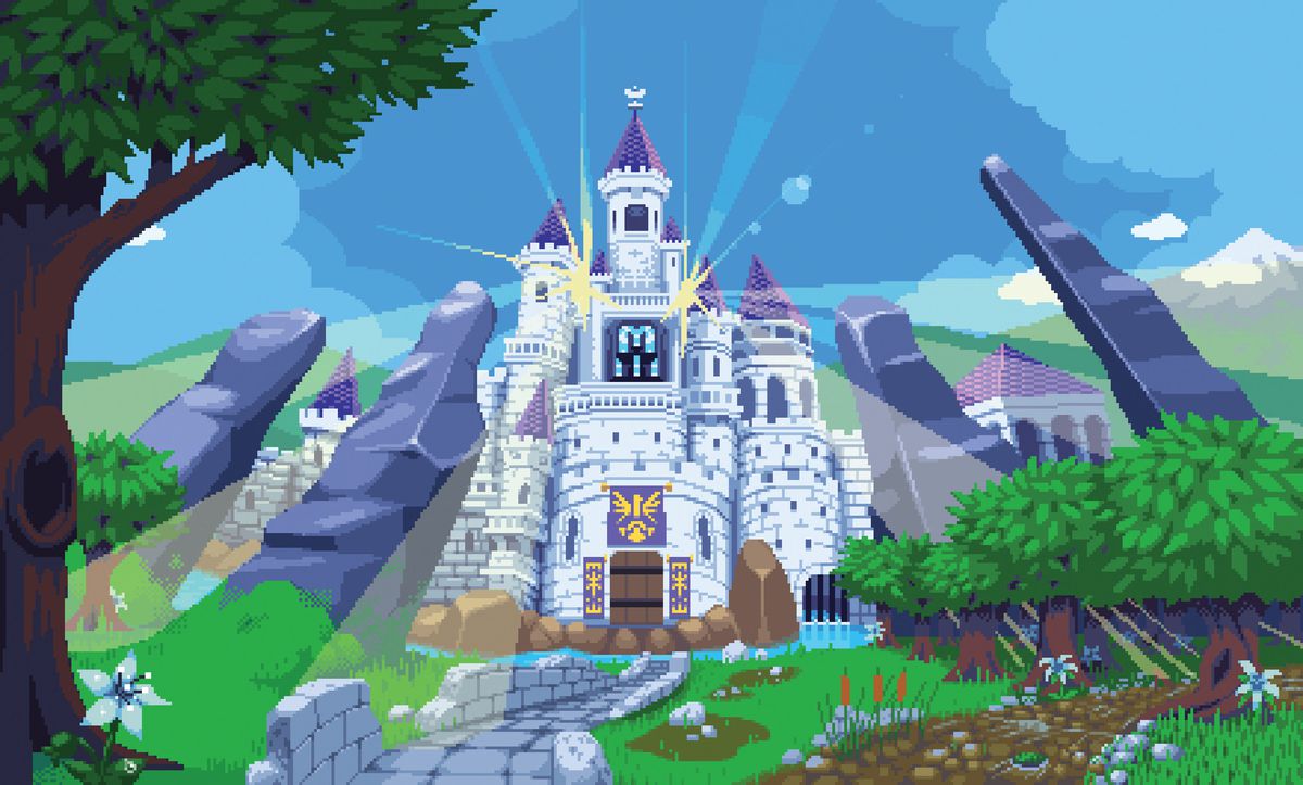 Une image de style 16 bits d'un château de pierre blanche avec des tourelles violettes, entouré de flèches de roche noire, vu en contre-plongée et brillant de lumière, dans une image promotionnelle pour le documentaire Legend of Zelda Break the Game