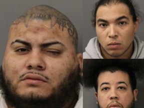 Des membres présumés du MS-13 – (à gauche) Carlos Ricardo Gutierrez, 27 ans, (en haut à droite) Kenny Banchon Urbina, 30 ans, et (en bas à droite) Carlos Pena Torrez, 34 ans, tous de Toronto – sont accusés de tentative de meurtre pour avoir tiré sur un homme de 65 ans à Schomberg le dimanche 12 février 2023.