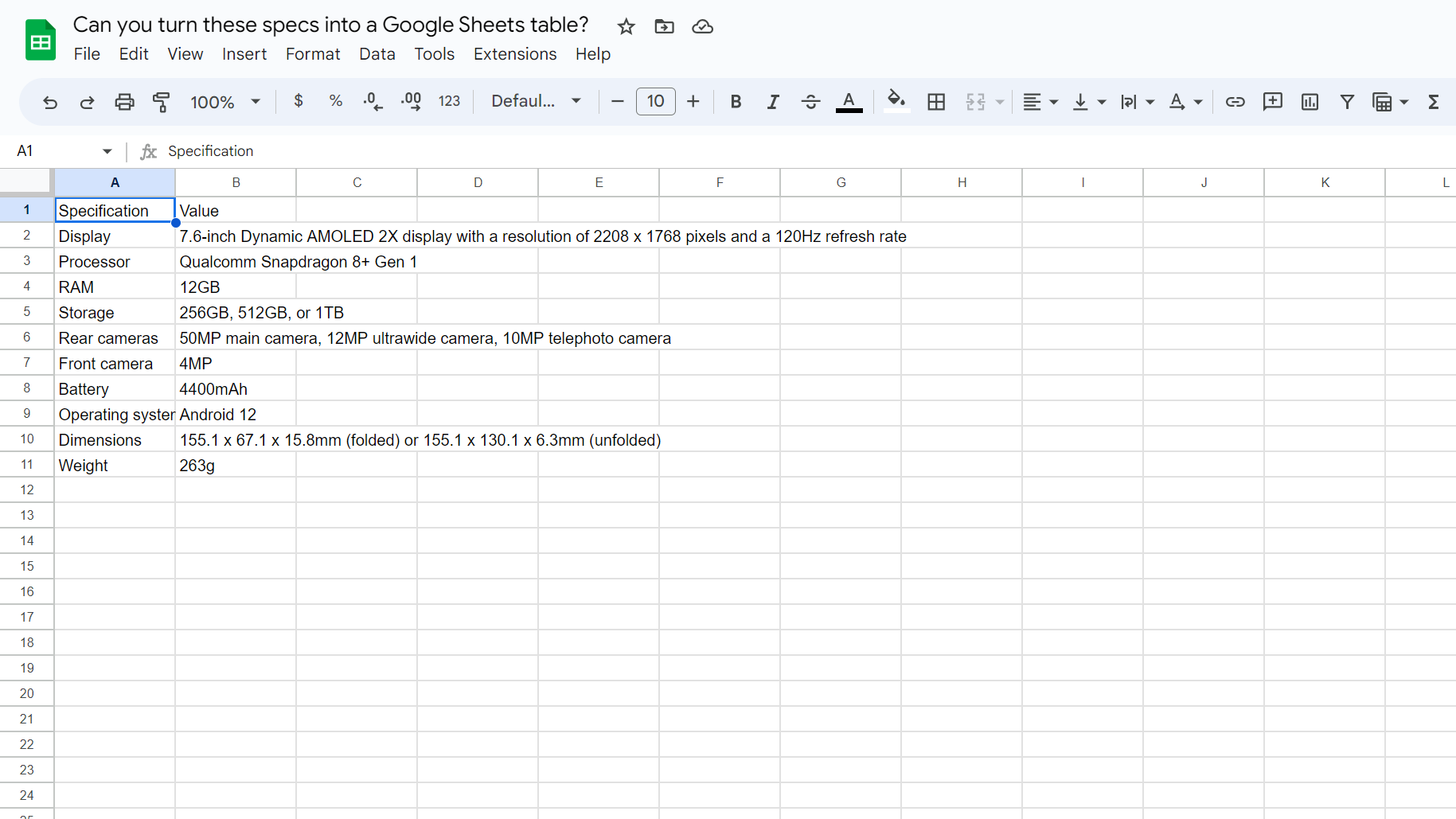 Un tableau des spécifications du Samsung Galaxy Z Fold 4 créé par Google Bard qui a été exporté avec succès vers Google Sheets s'ouvre dans Google Sheets.