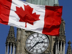 Un drapeau canadien sur la Colline du Parlement à Ottawa.