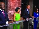 Les candidats à la mairie Mark Saunders, de gauche à droite, Olivia Chow, Anthony Furey et Ana Bailao assistent au débat du jeudi 15 juin 2023, CP24/NewsTalk 1010.