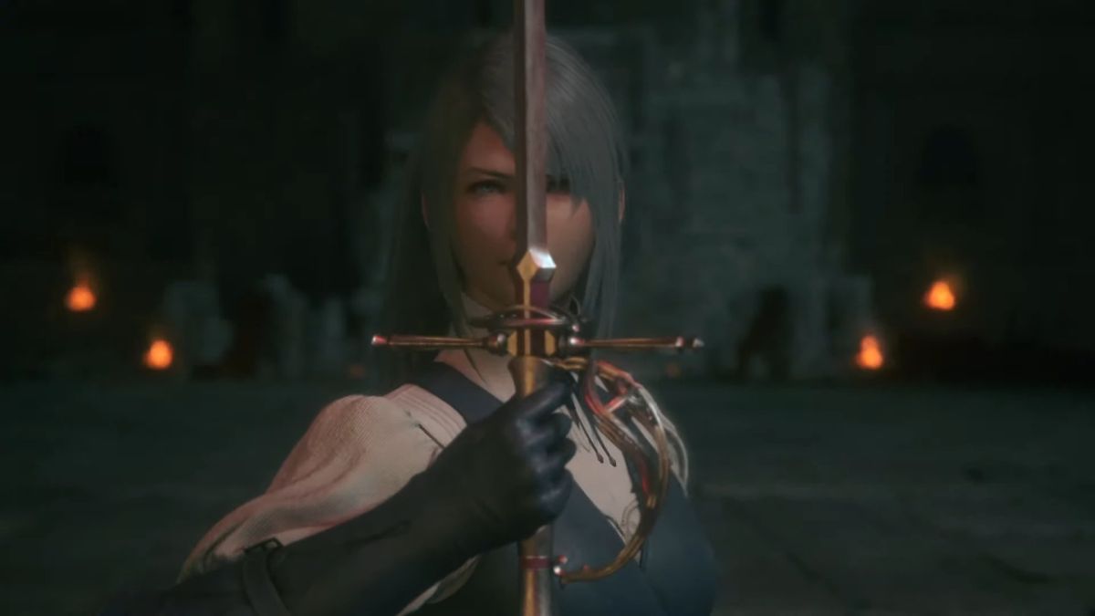 Final Fantasy 16 NPC wielding a blade, holding it in front of them.