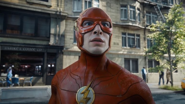 Ezra Miller suited up as The Flash