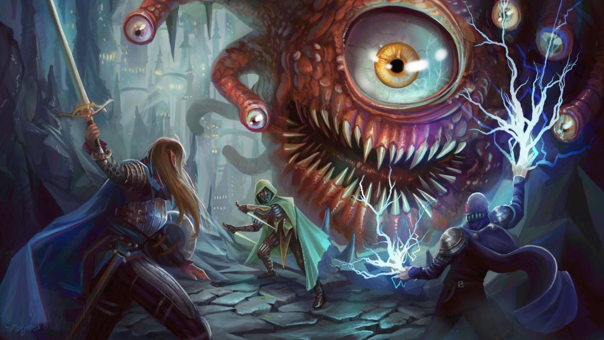 Warriors and wizards battle a D&D Beholder.